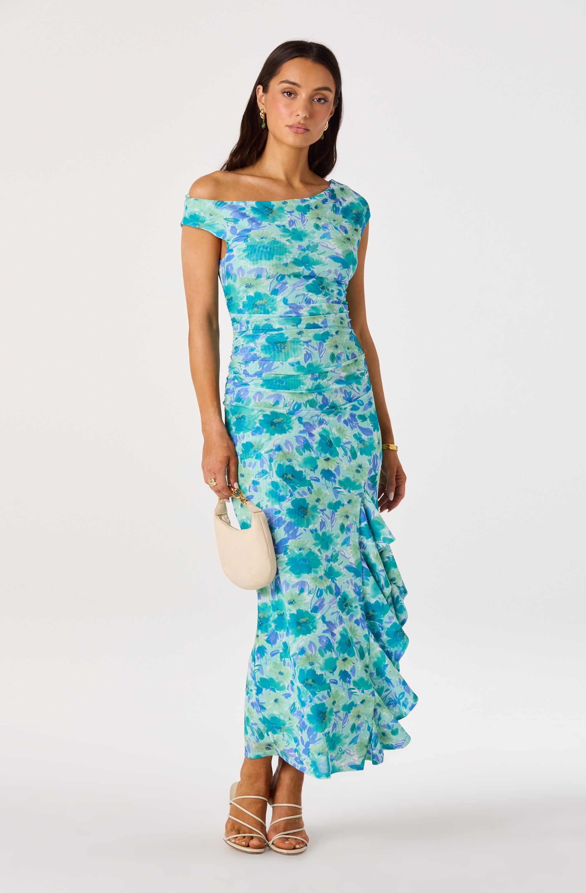 Off Shoulder Ruched Floral Midi Dress