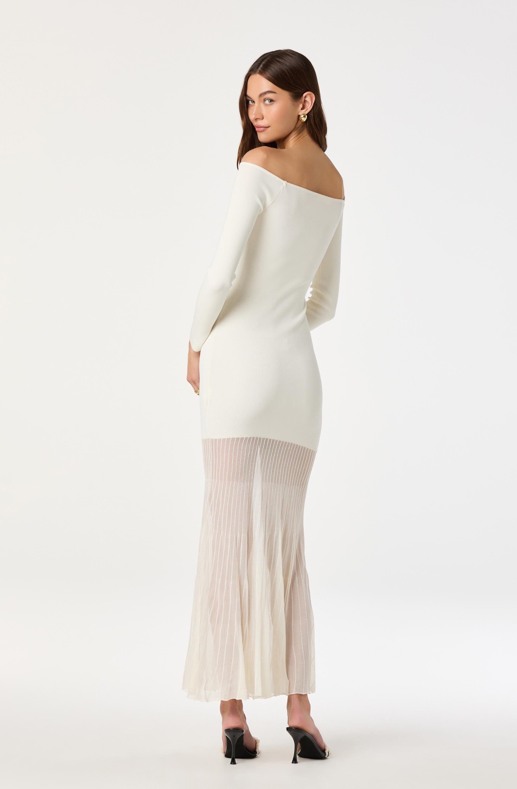 Off Shoulder Mesh Panel Hem Maxi Dress